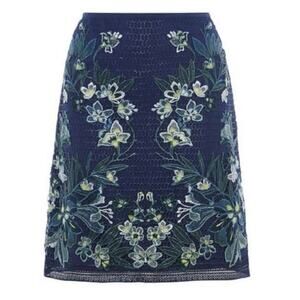 Karen Millen Women's A Line Mini Skirt Blue Floral Lace Applique Overlay